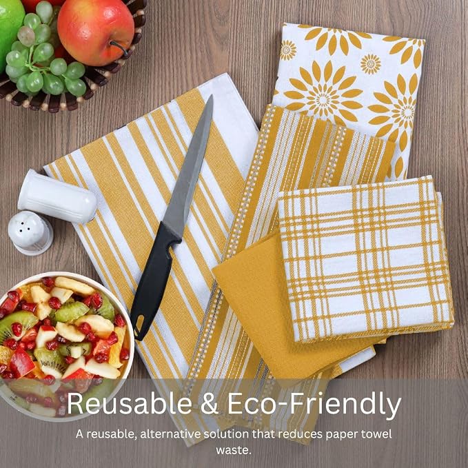 Assorted Kitchen Towels Set of 5-100% Cotton Dish Cloths Towels with Hanging Loop - Soft, Absorbent & Washable for Kitchen Use - Quick Drying Dish Towels 16x26 Inch Mustard Yellow