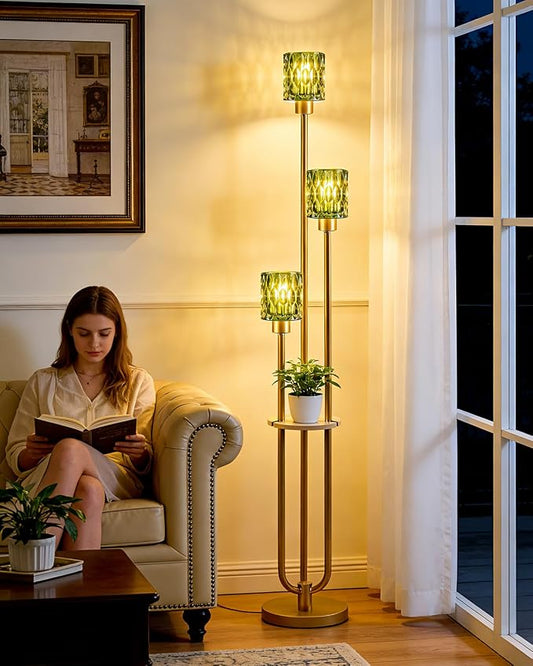 Lightdot 3-Lights Glass Floor Lamp for Living Room Modern Gold Floor Lamp with Green Glass Shade for Wedding/Party Farmhouse Tall Standing Lamp with 5Lb Heavy Base for Bedroom/Sofa Beside/Corner Decor