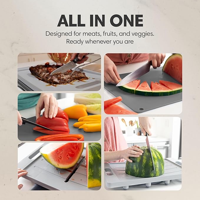 XL Meal Prep System Cutting Board - Large Cutting Board with Juice Groove, Spikes, Drip Tray & Removable Surface - Carving Board - BBQ Essential & Kitchen Gifts - BPA Free Cutting Board - Grey