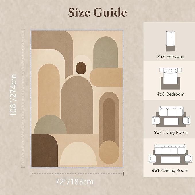 Neutral Geometric Area Rug 6x9, Mid Century Modern Abstract Rug, Soft Taupe Beige Color Block Washable Low Pile Non Slip Rug for Living Room Bedroom