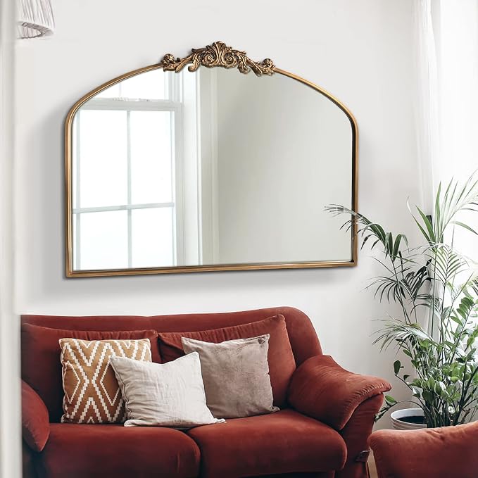 OUSHUAI Gold Arched Mirror,Baroque Brass Fireplace Mirror Decor, Victorian Vintage Mirrors with Full Matel Frame,Ornate Mirrors for Entryway/Bathroom/Living Room/Hallway 36"X30"
