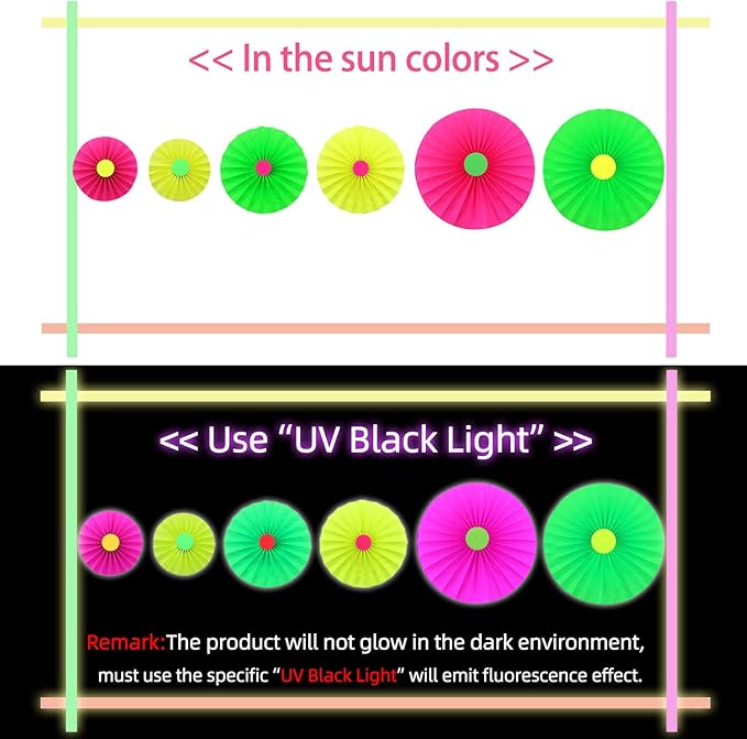 6Pcs UV Neon Party Hanging Paper Fans Flower Glow in The Dark Glow Party Supplies and Decorations Glow in The Dark Blacklight Reactive Fluorescent Black Light Neon Party Supplies for Birthday Wedding