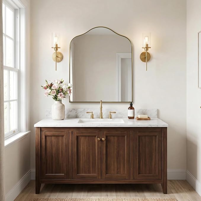 ANDY STAR Brass Scalloped Arched Wall Mirror, 30x36 Brushed Gold Irregular Bathroom Mirror with Curved Design for Vanity, Powder Room, Fireplace, Mantel, with Stainless Steel Metal Frame