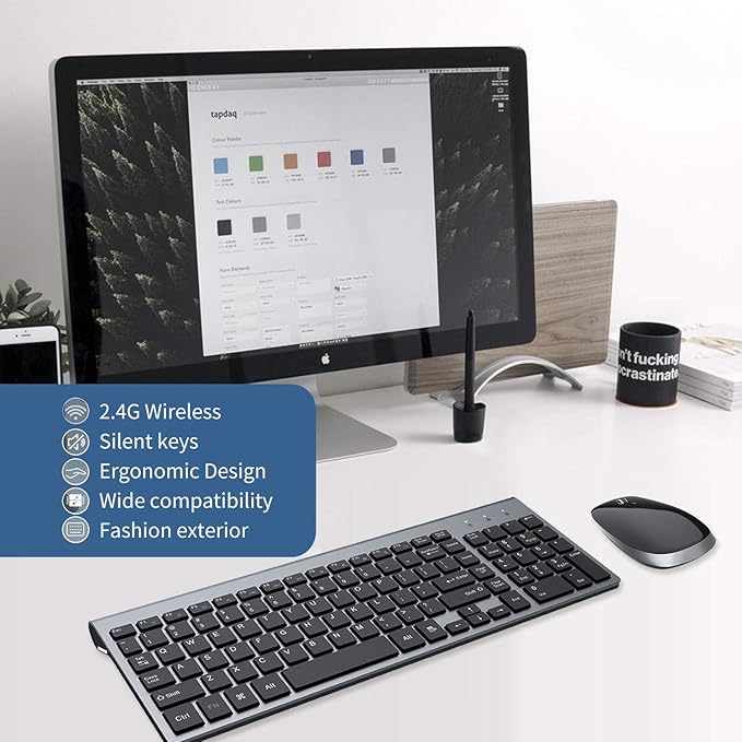 FENIFOX Keyboard and Mouse Wireless, USB 2.4GHz Combo Silent Quiet Low Profile Compact Full Size Flat Slim Thin Portable with Number Pad Soft Cover for PC Laptop Computer Office - Black & Grey