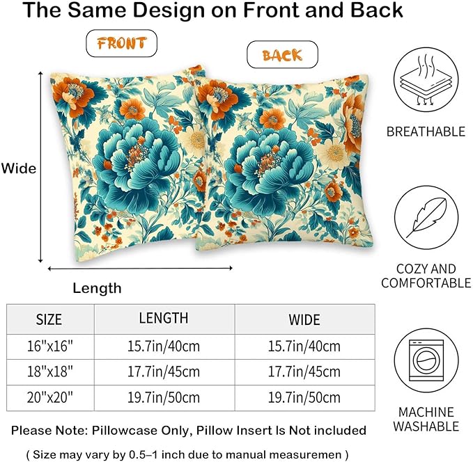 Turquoise Floral Throw Pillow Covers Set of 2 | Teal Vintage Flower Pillow Cases for Home Decor | Decorative Square Cushion Cases for Sofa and Chair | 18x18 Inches