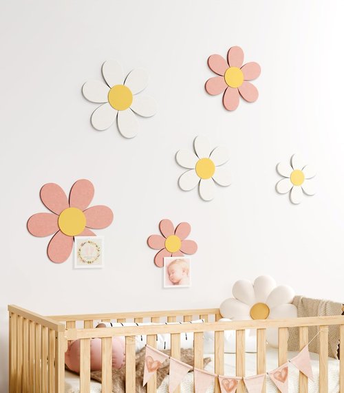 Fluxynara Daisy Felt Flower Wall Decor - 6 PCS Acoustic Art for Nursery & Kids' Rooms | Pink/White