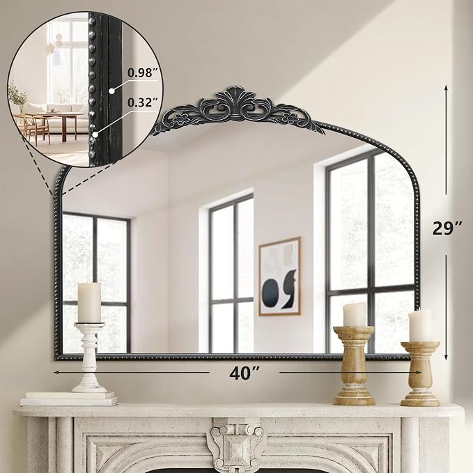 Micasso Large Vintage Black Mirror: 40"x29" French Baroque Antique Arched Mirror - Traditional Ornate Decorative for Wall/Fireplace/Mantel/Entryway/Bathroom/Hallway - Home Decor for Living Room