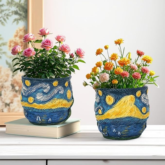 Van Gogh Inspired Planter Pots Cute Unique Starry Night Theme Flower Pots for Indoor Plant Acolorful Art Resin Vase for Home Desk Decoration