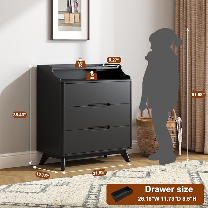 3 Drawer Dressers for Bedroom, 32" Large Wood Storage Dresser & Chest of Drawers with Charging Station, Wide Modern Dressers with 3 Drawer Storage Organizer for Bedroom Living Room Closet, Black
