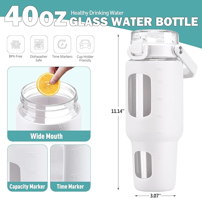BLUEGO 40oz Glass Tumbler with Lid and Straw, Glass Water Bottles with Handle, Glass Cup with Time Marker and Silicone Sleeve, Fits Most Cup Holder, Leak-proof, White