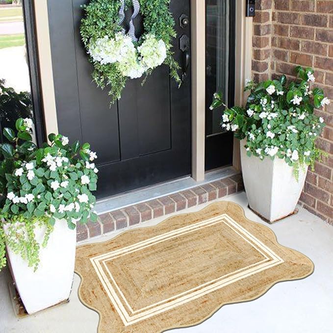 Front Door Rug - 2x3 Jute-Look Washable Doormat Indoor Outdoor Entrance Non-Slip Door Mat Farmhouse Scalloped Small Throw Rugs for Entryway Bedroom Kitchen Mat for Floor Front Porch Decor