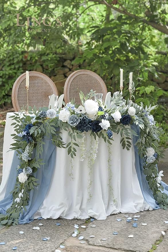 Ling's moment 9FT Spring Flower Garland- Wedding Arch Flowers for Backdrop Decoration, Eucalyptus & Rose, Artificial Floral Garland for Mantle - Sweetheart Head Table Decor for Reception, Dusty Blue