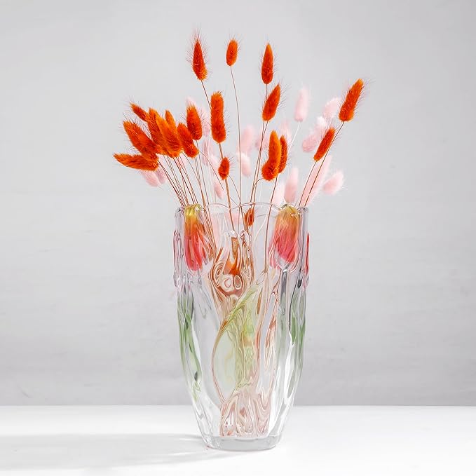Glass Flowers Vase 9.3 inch Tall, Unique Crystal Vases for Tables Centerpieces, Vintage and Tulip Shape Large Vases Christmas Thanksgiving Gifts. (Green)