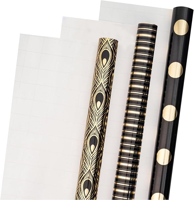 LeZakaa Black Gold Wrapping Paper, Luxury Metallic Gift Wrap with Polka Dots, Stripes & Peacock Feather Pattern for Birthday, Wedding, Bridal Shower, 17 x 120 inches 3 Rolls, Mini Roll
