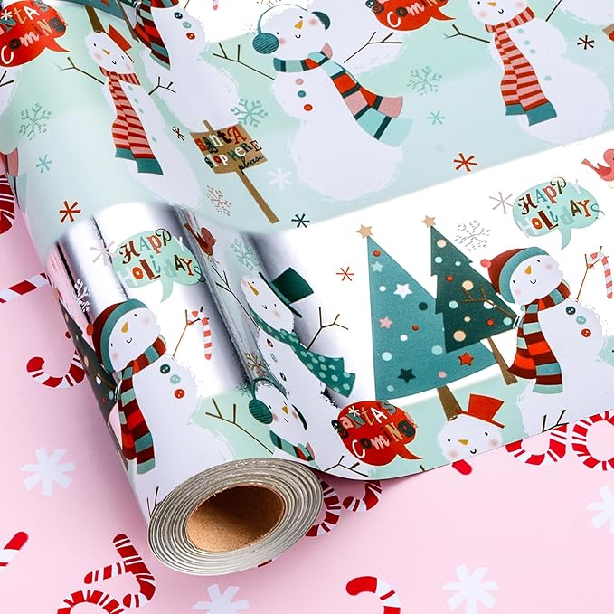 MAYPLUSS Snowman Christmas Wrapping Paper, Metallic Foil Reversible Winter Wonderland Festive Gift Wrap with Snowmen and Candy Cane Design for Present, Holiday Gift Packaging (17 Inch X 33 Feet)