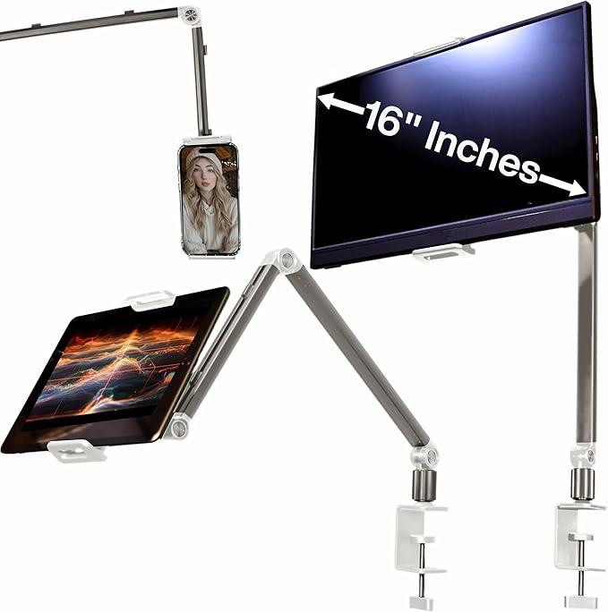 FORTIHOLD Stand for 16 Inch Portable Monitor - Heavy Duty Aluminum Mount with Infinite Angle Adjustment, Built-in Cable Management - Fits iPad Pro 12.9, Tablets, iPhone (Holds 4.7"-16" Devices)