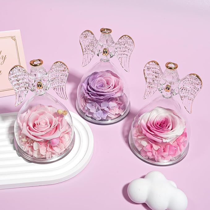 Yamonic for Mom, Moms Birthday Gifts for Women Grandma, Angel Figurines with Preserved Real Flowers Rose for Mothers Day, Wife Anniversary, Valentine's Day Gifts for Her(Pink+Purple)