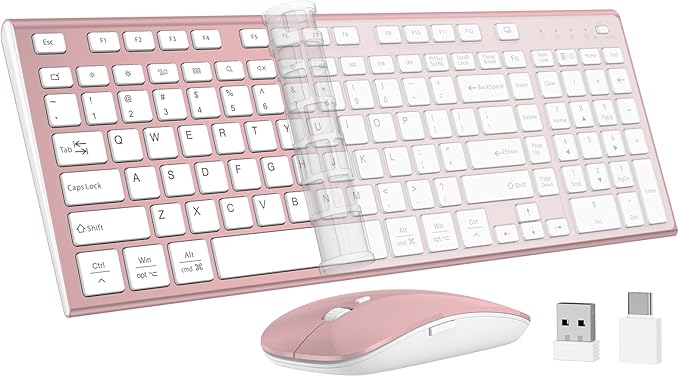 Wireless Keyboard and Mouse, GALENMORO Silent Quiet Combo Low Profile USB C Full Size Compact with Number Pad Flat Soft Touch Cordless for Mac Computer PC Laptop MacBook iMac Office - Pink Rose Gold