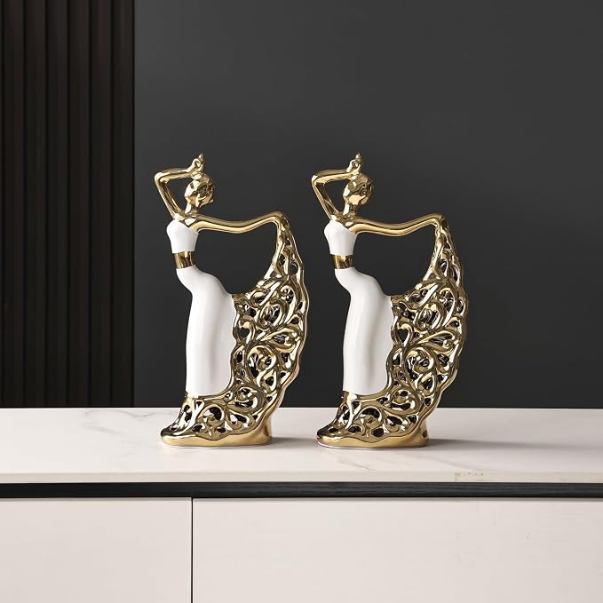 2 Pcs Ceramic Statues Home Decor, Dancer Women Sculpture Figurine, Modern Aesthetic Abstract Art Decorative Accent for Living Room Bedroom Bookshelf Dining Table Centerpiece Office (White and Gold)