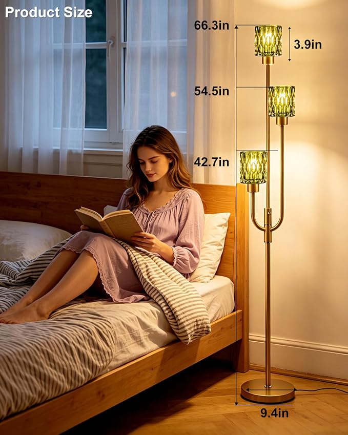 66IN Glass Floor Lamp 3-Lights Modern Gold Dimmable Floor Lamps with 3000K Warm White Bulbs for Wedding Party Modern Tall Standing Lamp with Green Glass Shade for Living Room/Bedroom/Home Decor