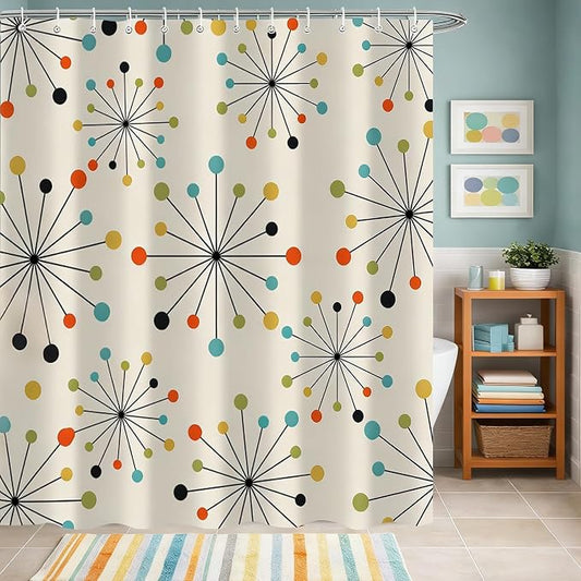 Vintage Mid Century Modern Geometric Shower Curtain，Retro Abstract 1950s 1960s Style Art Bathroom Decoration，Polyester Fabric Waterproof Bath Curtain 72x72 Inch with 12 Hooks