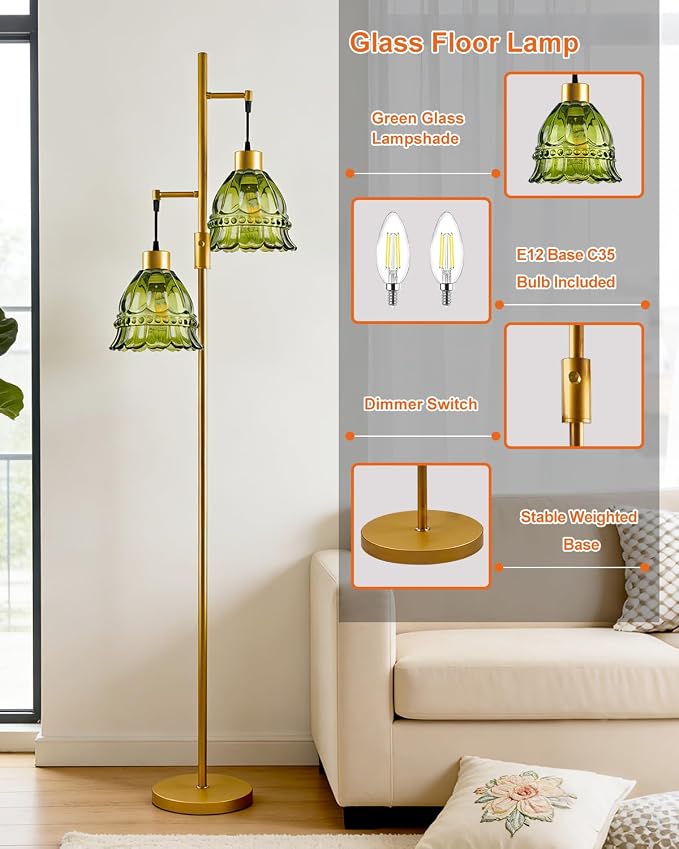 Lightdot 65IN Glass Floor Lamp for Living Room, 2- Light Gold Flower Floor Lamps with Green Glass Lampshade, 3000K Warm White Modern Standing Tall Lamp with 5Lbs Heavy Base for Bedroom Corner