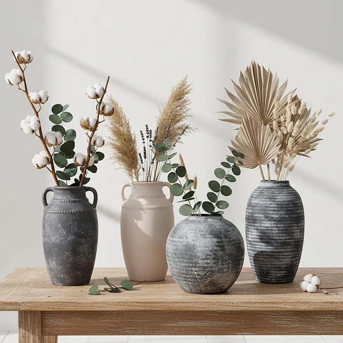 Farmhouse Rustic Ceramic Vase with Handles, 11 inch Gray-White Textured Modern Terracotta Vintage Vases for Home Decor Centerpieces Table Pottery Barn Furniture Decorative (Tall - C)