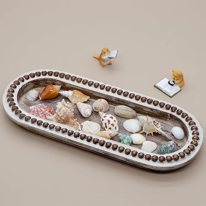 Wood Serving Tray, Wooden Bead Decorative Tray, White Washed Coffee Table Tray for Ottoman, Rustic Distressed Decor for Home, Kitchen, Farmhouse (Natural Wood)