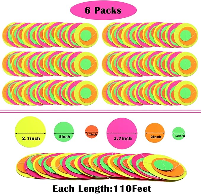 110feet UV Round Dot Paper Neon Garland Streamers Black Light Neon Decorations for Dark Glow Party UV Reactive Glow in The Dark Party Supplies Wedding Birthday Banner Decoration