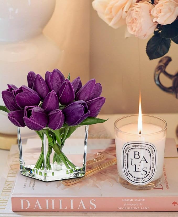 DILATATA Artificial Purple Tulips in Vase with Faux Water 5.5" Real Touch Flowers Fake Tulips Small Flowers Arrangement in Cube Glass Vase for Mother's Day Table Centerpiece Wedding Home Decor