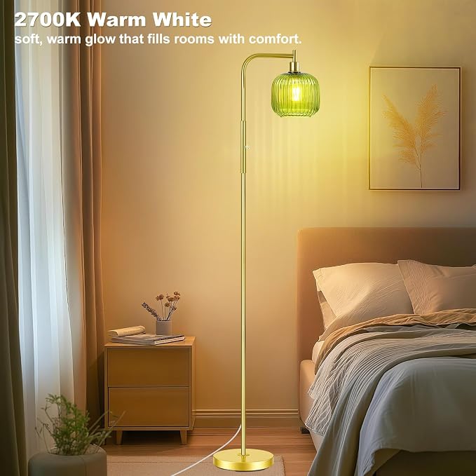 Dimmable Gold Floor Lamp with Ribbed Shade, Vintage Green Standing Lamp dimmable with Solid Base, Arc Floor Lamps Glass for Living Room, Bedroom, Office, Decorative Tall Corner Lamps Gift Use
