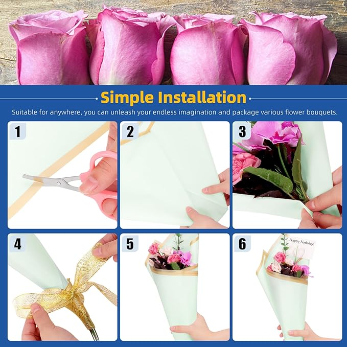 Glarks 52pcs Flower Wrapping Paper Set, Including 40 Sheets Pink and Blue Waterproof Bouquet Wrapping Paper, 10pcs Floral Pick Card Holders, 1 Roll Ribbon and 1pcs Pink Scissors for Flower Shop
