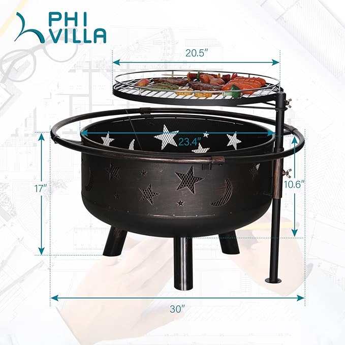 PHI VILLA 30" Outdoor Wood Burning Firepit with Cooking Grate, Patio Deep Bowl Steel Fire Pits for Outside with Adjustable Swivel BBQ Grill Pan, Star & Moon Cutouts Pattern, Poker & Spark Screen