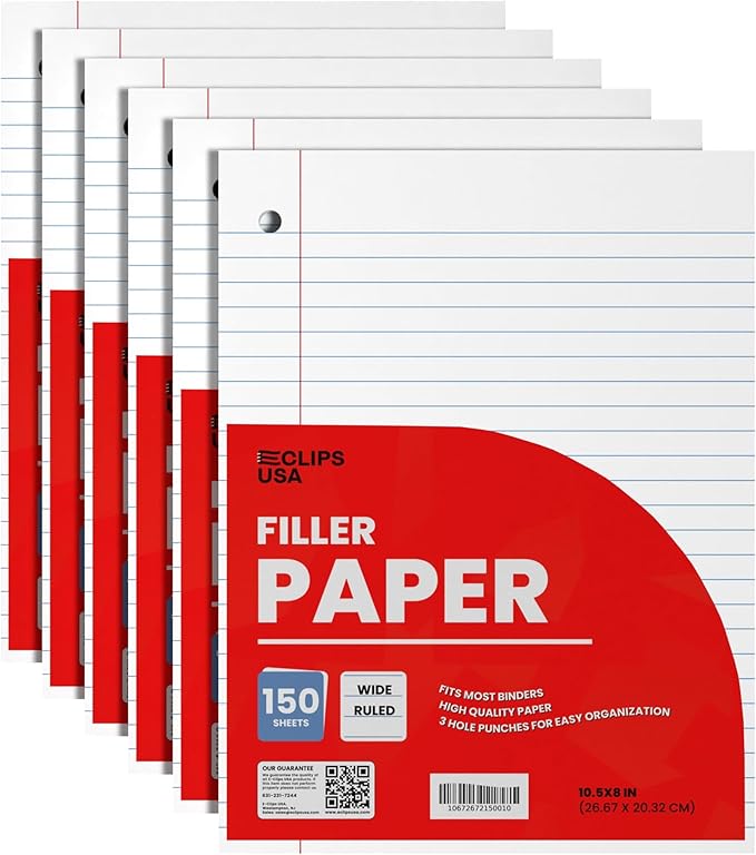 Wide Ruled Loose Leaf Paper Wide Ruled Notebook Paper Lined Writing Filler Paper 10.5” x 8” 56 gsm 900 Sheets 150 Sheet Per Pack (6 Pack)