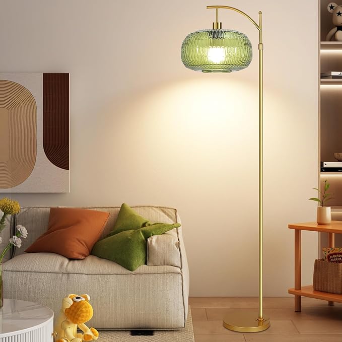 QIYIZM Glass Floor Lamp for Living Room,Bedroom,Gold Dimmable Standing Lamp with Remote,Green Mid Century Modern Brass Vintage Tall Lamp Floor Lamps Arc Boho Floor Light Lamp Bohemian