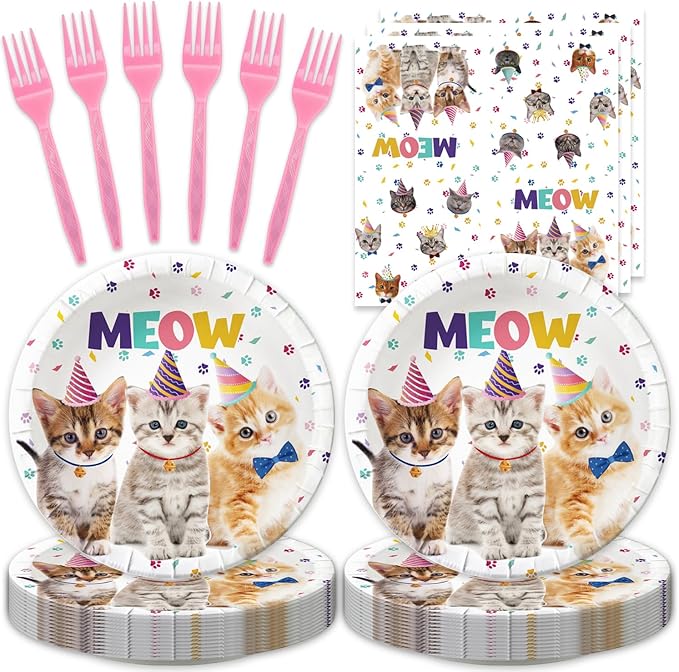 48Pcs Cute Cat Birthday Party Decorations Tableware Inculde Plates Napkins Forks for Birthday Pet Party and more party Serve 16 Guests