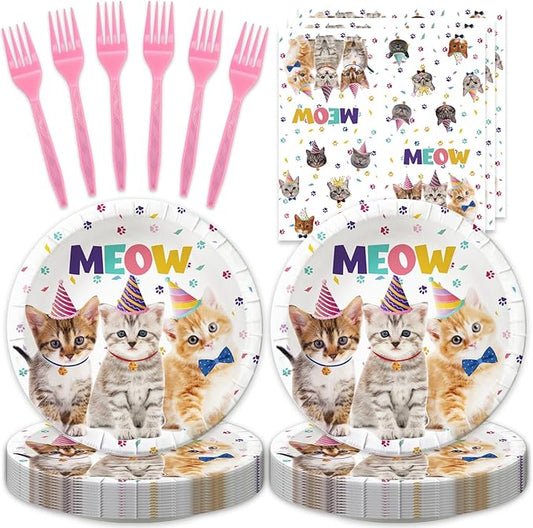 48Pcs Cute Cat Birthday Party Decorations Tableware Inculde Plates Napkins Forks for Birthday Pet Party and more party Serve 16 Guests