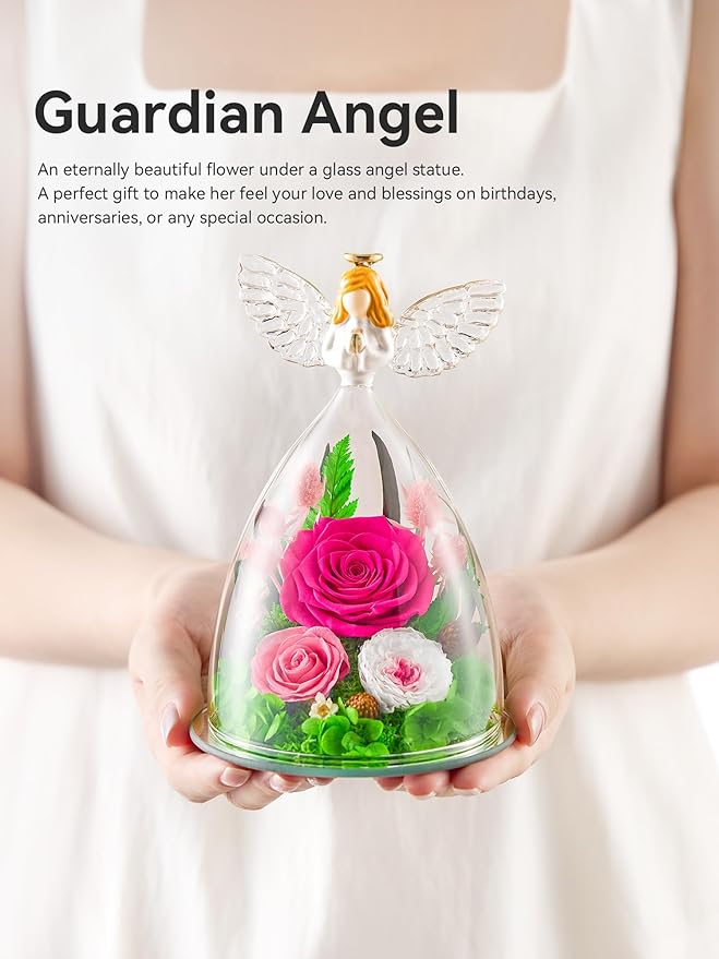 Gifts for Women Forever Flowers Preserved Rose in Glass Angel Figurine Real Colorful Roses Birthday Gifts for Her Grandma Sister Daughter Wife, Hot Pink