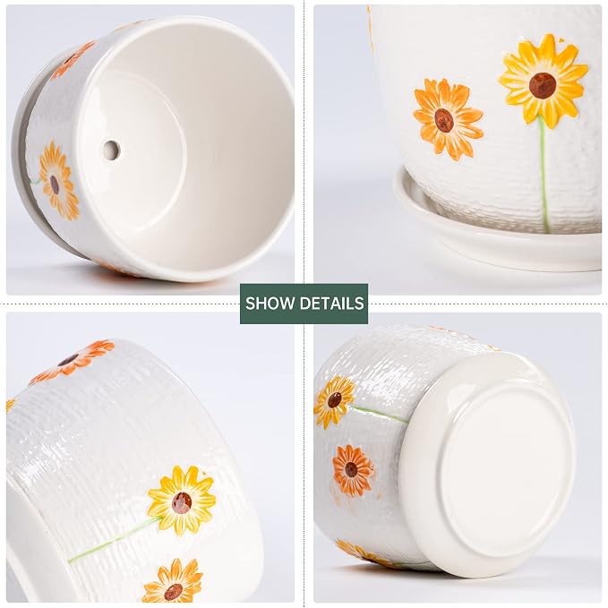 Ton Sin Ceramic Plant Pots for Indoor Houseplants, Cute Decorative Flower Planters with Drainage Holes & Matching Saucers, Hand-Painted Yellow Sunflower Design, 6.7/5.5/4.3 Inch Sizes