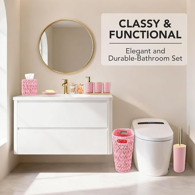 Bathroom Accessory Set, 10 Pieces Bath Set- Wicker Trash Can Tissue Box Soap Dish Toothbrush Holder Rinse Cup Lotion Bottle Toilet Brush Qtip Holder - Practical Bathroom Decor Sets (Pink, Bath Set)