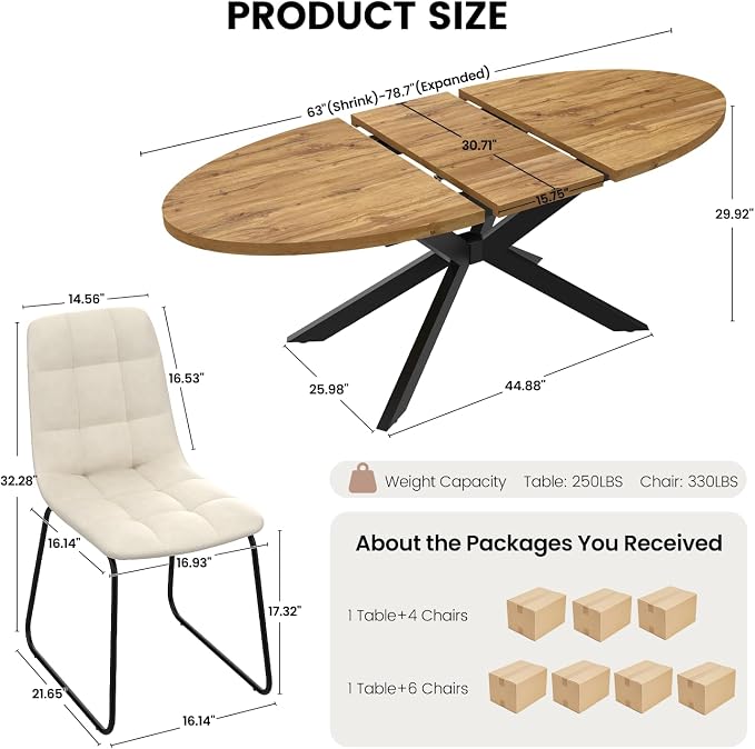 63"-78.7" Extendable Round Dining Table Set for 6, 7 Piece Mid Century Modern Oval Kitchen Table Set, Large Dining Table with 6 Dining Chairs for Living Room Space Saving（Walnut Table+6 Beige Chairs)
