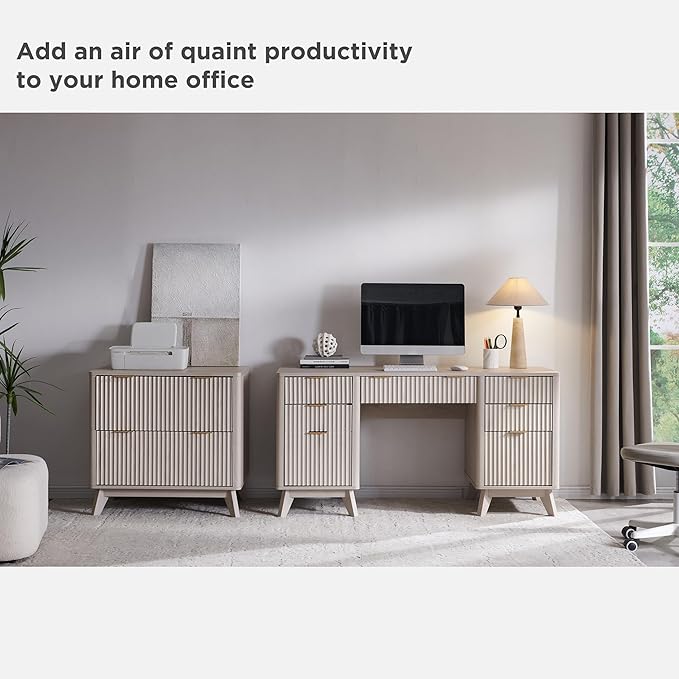 T4TREAM Fluted Executive Desk with Drawers, 60" Modern Home Office Computer Desk with Charging Station, File Cabinet, Keyboard Tray and Storage Cabinet for Study, Living Room, Bedroom, Alder White