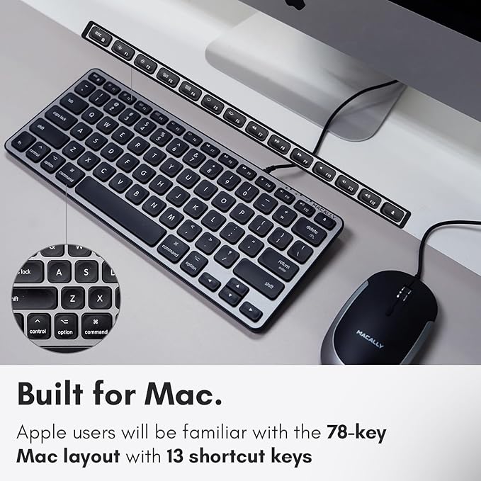 Macally Backlit Wired Keyboard for Mac | Compatible Apple Keyboard (Small and Compact) Comfortable All Day Typing USB Keyboard for MacBook Pro/Air, iMac, Mac Mini/Pro (Space Grey)