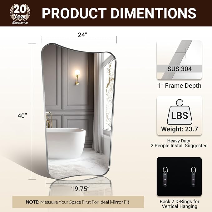 ANDY STAR Scalloped Bathroom Mirror, 24x40’’ Brushed Nickel Frame Mirror, Silver Bathroom Vanity Mirror, Modern Scalloped Edge Design in Rust-Proof Stainless Steel 1” Frame