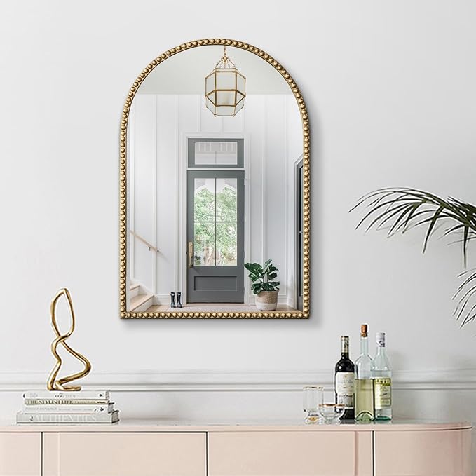 Arched Gold Wall Mirror Antique Beaded Frame Bathroom Wall Mirror Baroque Vanity Mirror Decorative Mirrors for Living Room,Bedroom