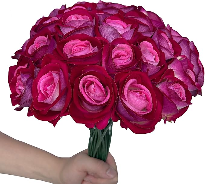 FagusHome 30 Pcs Silk Rose Artificial Flowers Roses Bulk Bouquet Fake Flowers Rose Heads with Stems for Home Wedding Decor (Red Pink)