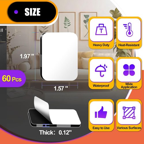 PHIXBEAR Double-Sided Adhesive Pads - Heavy-Duty Sticky Mounting Foam Tape, 60 Pcs, 1.57" x 1.97" Black
