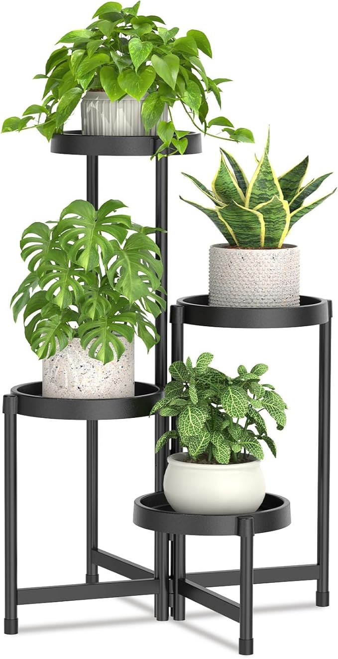 LASZOLA 4 Tiered Plant Stand Indoor Outdoor with Plastic Tray, Corner Folding Tall Flower Display Rack, Modern Plant Holder Shelf for Outdoor Patio Porch Garden Office Living Room, Black