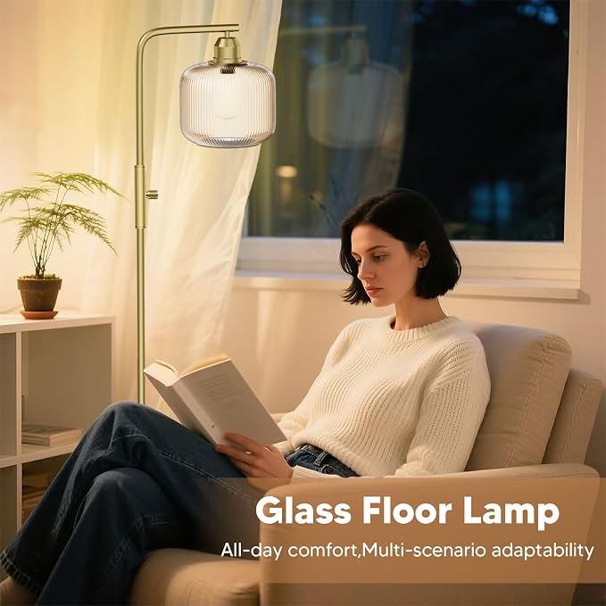 Glass Floor Lamp for Living Room, Modern Standing Lamp with Champagne Gold Ribbed Glass Lampshade, Stepless Dimmable Rotary Switch, 66” Tall Lamp & Gold Floor Lamp for Bedroom Study Room,Brushed Gold