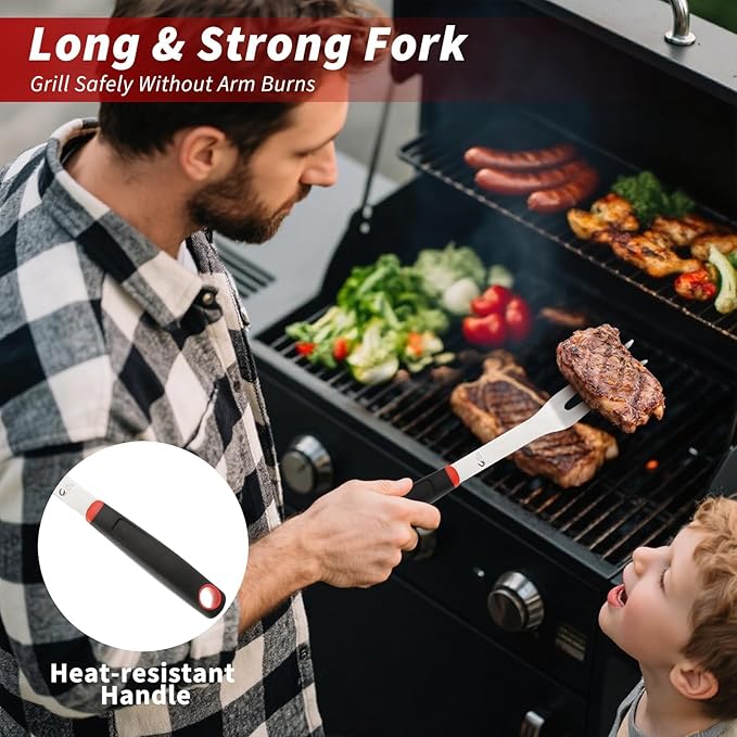 CuCut BBQ Tools Set, 4 PCS Heavy Duty Stainless Steel Spatula, Fork, Tongs with Portable Bag, Essential Accessories for Barbecue Outdoor Grill, Grilling Gifts for Men Dad Camp Chef